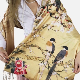 100% zijden en cashmere sjaal ecru met vogels