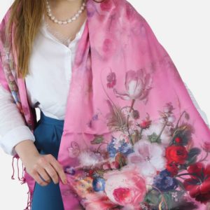100% zijden en cashmere sjaal roze met rozen