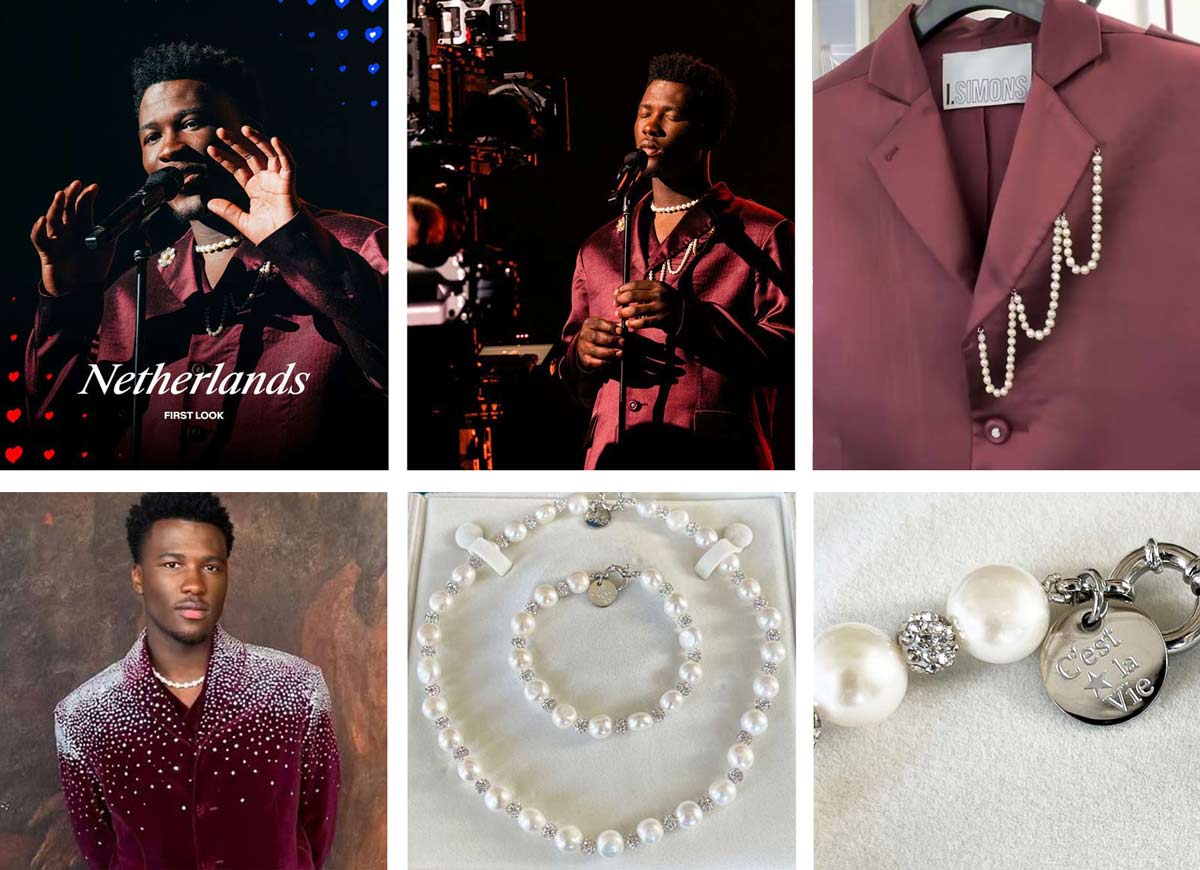 Claude draagt unieke handgeknoopte parelketting van Proud Pearls tijdens Songfestival