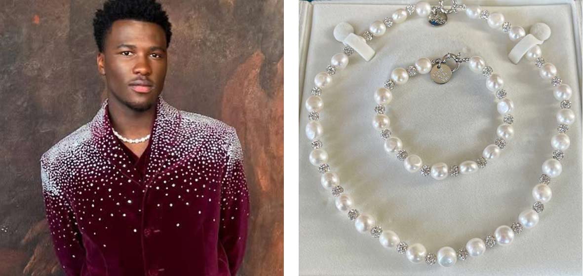 Claude tijdens de openingsceremonie van het Songfestival 2025 in stijlvolle outfit met parels en Swarovski