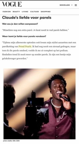 Claude draagt unieke handgeknoopte parelketting van Proud Pearls tijdens Songfestival