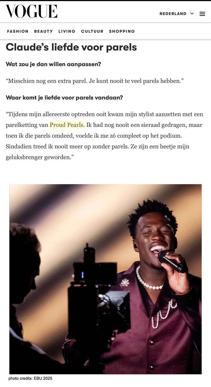 Claude draagt unieke handgeknoopte parelketting van Proud Pearls tijdens Songfestival